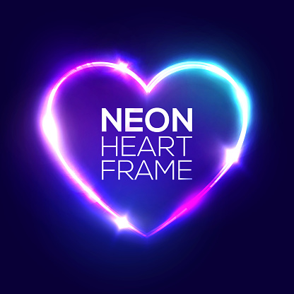 Night Club Neon Heart Sign. 3d Retro Light Signboard With Shining Neon Effect. Techno Frame With Glowing On Dark Blue Backdrop. Electric Street Banner Design. Colorful Vector Illustration in 80s Style
