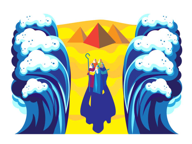 пасха исход из египта иврит: "счастливая пасха!" песах еврейский праздник плакат. моисей расставания красное море, израильтяне крест на сухо - karpas stock illustrations