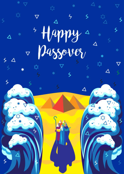 illustrazioni stock, clip art, cartoni animati e icone di tendenza di esodo pasquale dall'egitto ebraico: "buona pasqua!" poster delle festività ebraiche di pesach. mosè che si seleva dal mar rosso, israeliti attraversano il terreno asciutto, mar rosso, libro di haggadah, vettore poster illustrazione arte moderna, israele - karpas