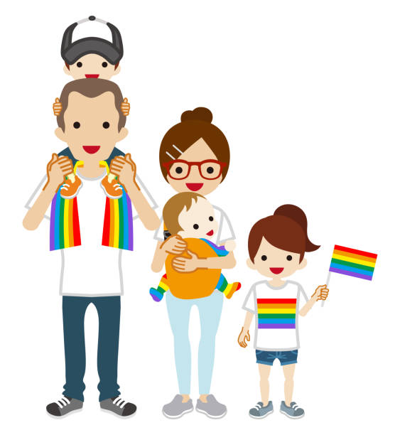 ilustraciones, imágenes clip art, dibujos animados e iconos de stock de familia joven usando productos arco iris moda - arte concepto de desfile lgbt - rainbow gay pride homosexual homosexual couple