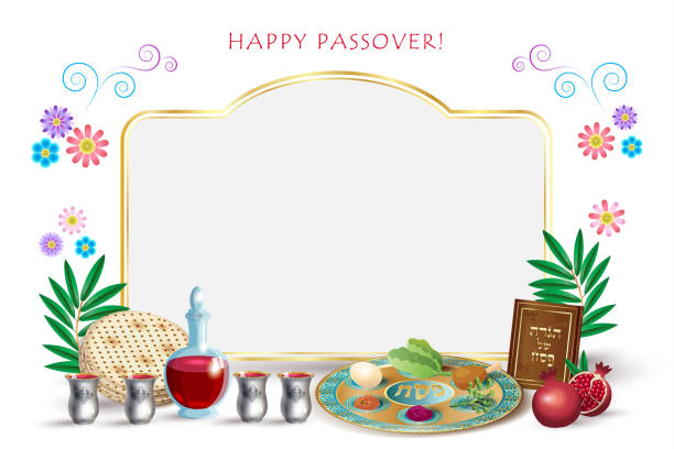 ilustrações, clipart, desenhos animados e ícones de happy passover - traduza letras hebraicas, cartão de saudação vintage de feriado judaico com haggadah book, wine bottle, four wine glass, matzo, pesach seder plate, isolado, símbolos tradicionais judaicos para cerimônia de páscoa, israel, ilustraçã - karpas