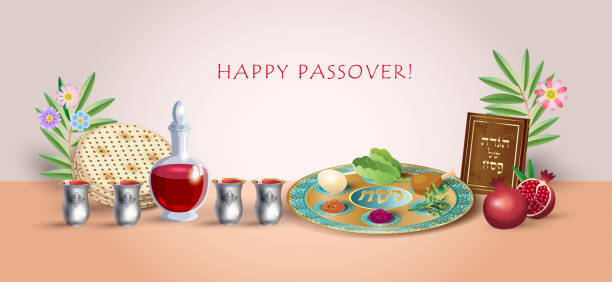 ilustrações, clipart, desenhos animados e ícones de happy páscoa jewish holiday vintage greeting card com haggadah book, garrafa de vinho, quatro taças de vinho, matzo, placa desader pesach, símbolos tradicionais isolados e judeus para cerimônia de páscoa, israel, ilustração vetorial - karpas