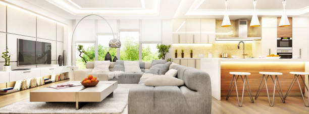 istock Modern living room and modern kitchen 1205754258