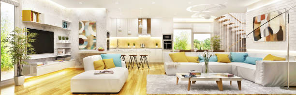istock Beautiful living room with modern kitchen in big house 1205754261