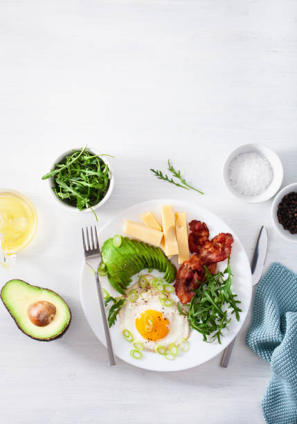 istock healthy keto breakfast: egg, avocado, cheese, bacon 1205755269