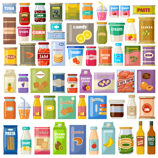 ilustrações de stock, clip art, desenhos animados e ícones de set of products on a white background. grocery. gastronomy. - fruit sauce