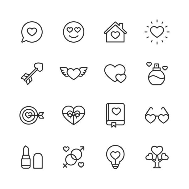 Valentine's Day and Love Icons. Editable Stroke. Pixel Perfect. For Mobile and Web. Contains such icons as Heart, Love, Perfume, Lipstick, Gift, Family. 16 Valentine's Day and Love Outline Icons. flirting stock illustrations