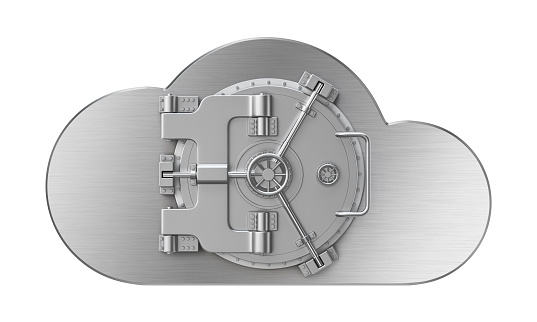 The metallic cloud shaped bank vault door on a white background isolated