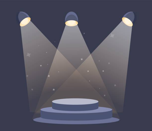 istock Dark podium with fame spotlights and fog vector illumination around light star. Flat cartoon style vector illustration. 1205762621