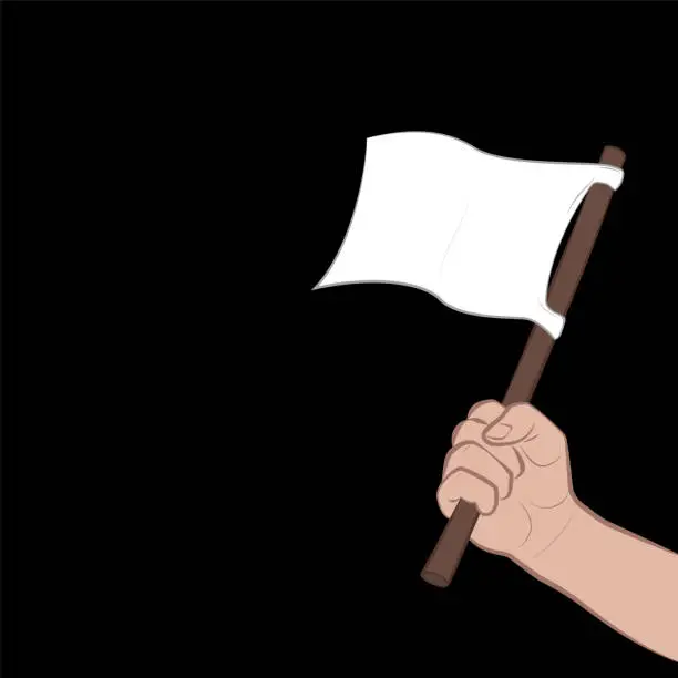 Vector illustration of Waving white flag. Symbol or signal for capitulation, surrender, offering peace cor onceding victory. Comic vector illustration on black background.