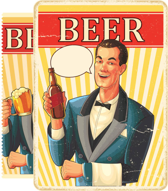 ilustraciones, imágenes clip art, dibujos animados e iconos de stock de vintage man con botella de cerveza y vaso lleno de cerveza - bartender