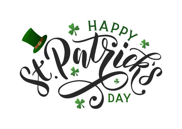 Saint patricks day typography poster. Hand sketched lettering st. patrick day decorated by clover leafs and leprechaun hat. Celtic modern calligraphy vector eps 10 leprechaun hat stock illustrations