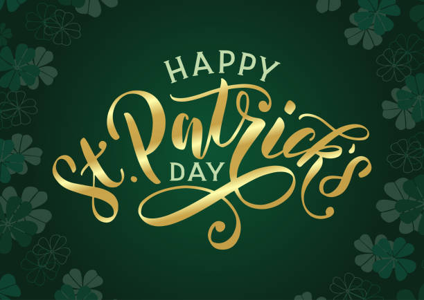 ilustrações de stock, clip art, desenhos animados e ícones de happy st. patricks day banner with golden text lettering and clover leaves background. - st patricks day