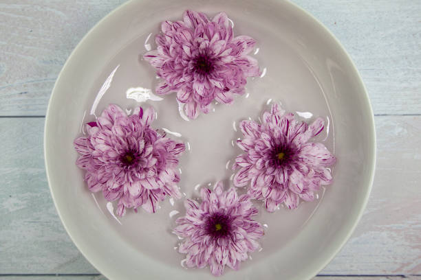 istock Flowers float on water inside a dish. The dish sits on a silver wooden background 1205766131