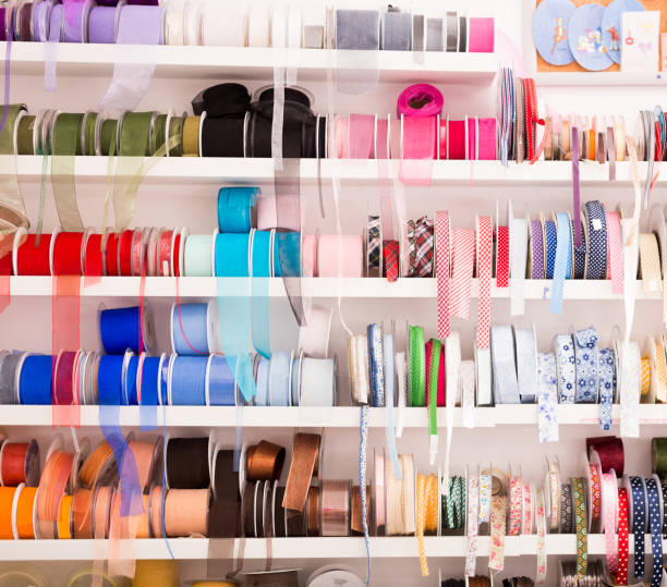 istock Colorful ribbons on counter in store 1205767077