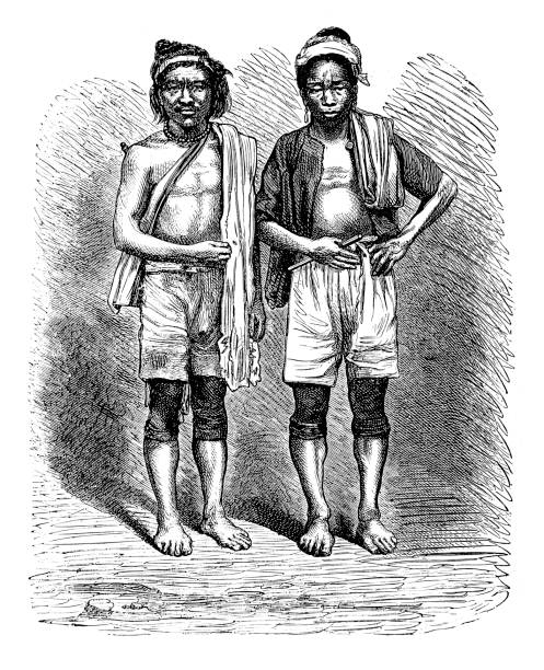Burma, a wild Karen in the mountains Illustration of a Burma, a wild Karen in the mountains two men hunting stock illustrations