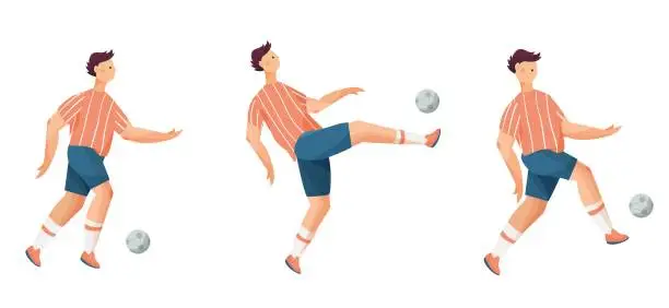 Vector illustration of Man soccer, football player set. Flat vector illustration on white background in flat style, young man team in uniform doing exercises in training.