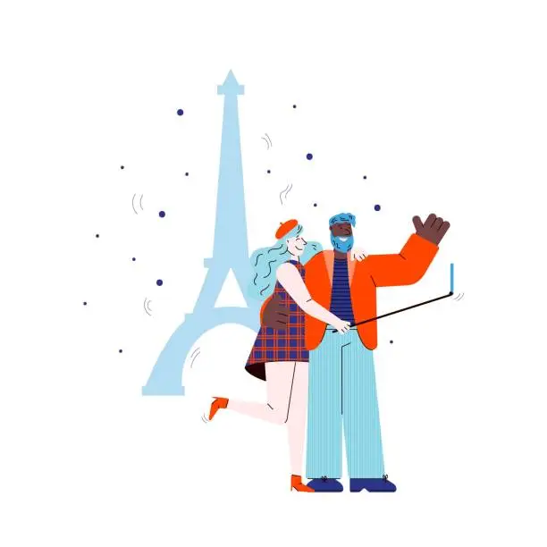 Vector illustration of Couple makes selfie on Eiffel Tower backdrop sketch vector illustration isolated.