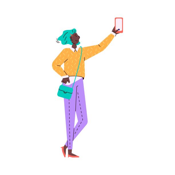 cartoon kobieta robi selfie - afrykańska dziewczyna trzyma smartfon - telephone child isolated on white elegance stock illustrations