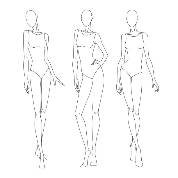 女性の姿の技術的な描画。ファッションスケッチのためのベクトル細線の女の子モデルテンプレート。女性の体はポーズをとります。腰と滑走路を歩く手の位置。レイヤーを分ける。 - ファッションデザイナー点のイラスト素材／クリップアート素材／マンガ素材／アイコン素材