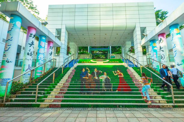 Hong Kong, China - December 5, 2016: entrance stair to Avenue of Comic Stars, Kowloon Park with the statues of the famous characters. Tsim Sha Tsui District.
