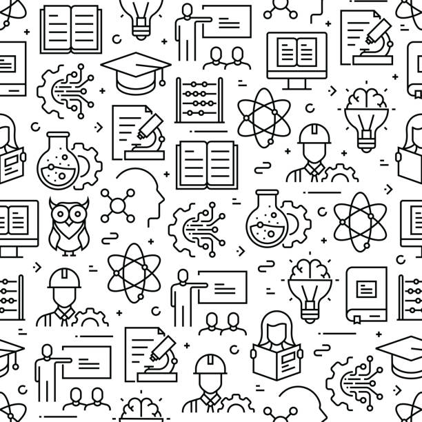 ilustrações de stock, clip art, desenhos animados e ícones de stem education concept seamless pattern and background with line icons - stem