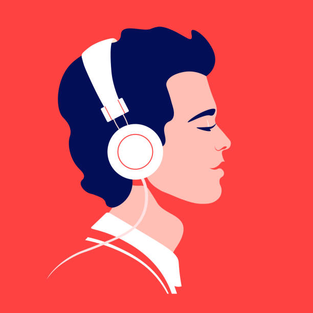 junger mann hört musik auf kopfhörern. musiktherapie. guy profil. avatar. - headphones book stock-grafiken, -clipart, -cartoons und -symbole