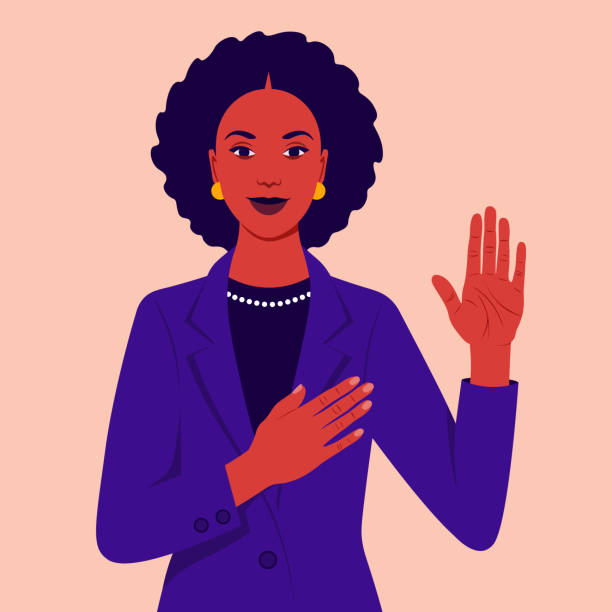 African woman swears an oath. Happy girl  makes sincere promise, keeps one hand on heart, raises palm, demonstrates loyalty gesture being honest. African woman swears an oath. Happy girl  makes sincere promise, keeps one hand on heart, raises palm, demonstrates loyalty gesture being honest. Vector flat illustration females illustrations stock illustrations