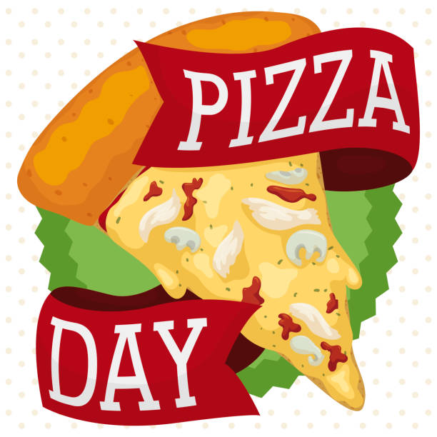 Delicious Pizza with Mushrooms, Chicken and Cheese for Pizza Day Delicious pizza with portobello mushrooms, shredded chicken, tomato sauce and greeting ribbons to celebrate Pizza Day. shredded chicken stock illustrations