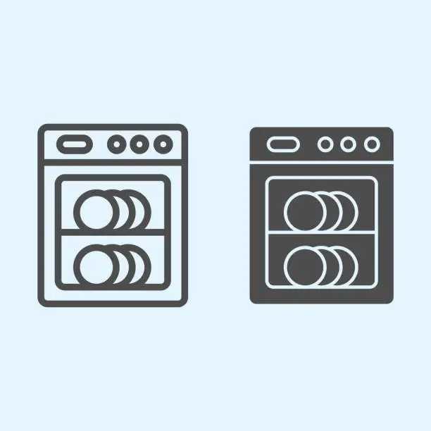 Vector illustration of Dishwasher line and solid icon. Automatic dish washing machine with plates inside. Home-style kitchen vector design concept, outline style pictogram on white background, use for web and app. Eps 10.