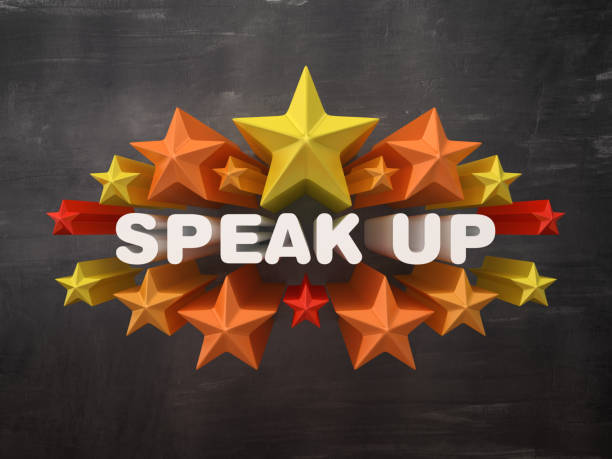 istock Colorful Stars with SPEAK UP Word on Chalkboard Background - 3D Rendering 1205777608