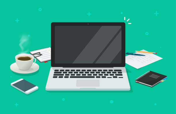 Computer laptop with blank empty screen for copy space text on workin desk table or workplace vector illustration flat cartoon, pc with empty display work place office modern design image Computer laptop with blank empty screen for copy space text on workin desk table or workplace vector illustration flat cartoon, pc with empty display work place office modern design desk stock illustrations