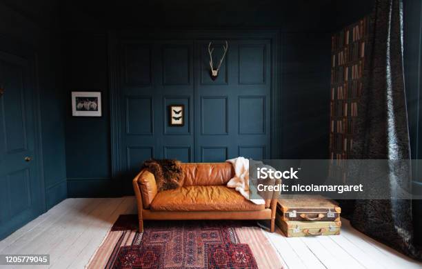 Fashionable Living Room Interior Stock Photo - Download Image Now - Living Room, Dark, Indoors
