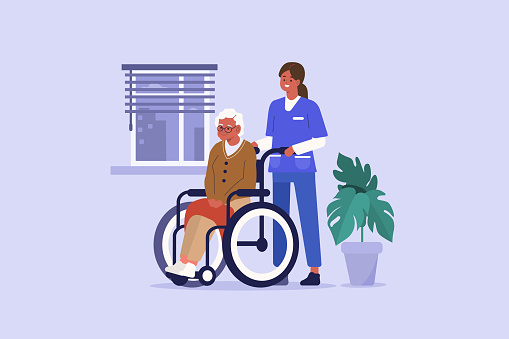 Medical Nurse in Nursing Home Helping Elderly Patient. Caregiver carry Wheelchair with Disabled Senior. Elderly Long Term Care Concept. Flat Cartoon Vector Illustration.