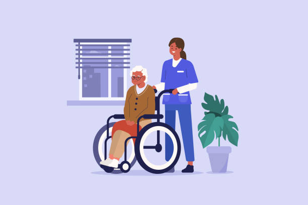 nurse and elderly patient Medical Nurse in Nursing Home Helping Elderly Patient. Caregiver carry Wheelchair with Disabled Senior. Elderly Long Term Care Concept. Flat Cartoon Vector Illustration. aging process illustrations stock illustrations