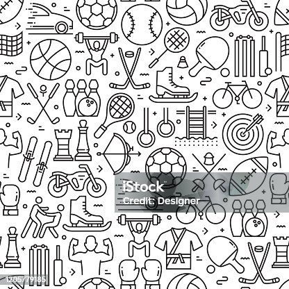 istock Sport Elements Seamless Pattern and Background with Line Icons 1205779185