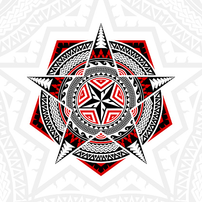 Thai pattern mixed art Polynesian art, Mandala art in Pentagon shapes, five-pointed stars and circles, black-red stripes on a white background