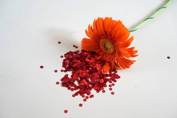 istock Gerbera flower and red sequins. Love concept. Copy space. 1205779868