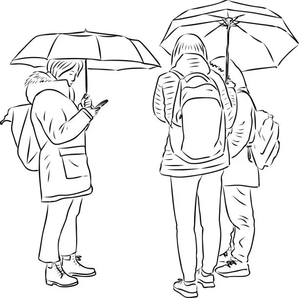 Vector illustration of Vector outline drawing of teen students standing under umbrellas