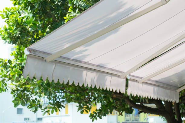 istock new white awning with garden background at street. 1205782349