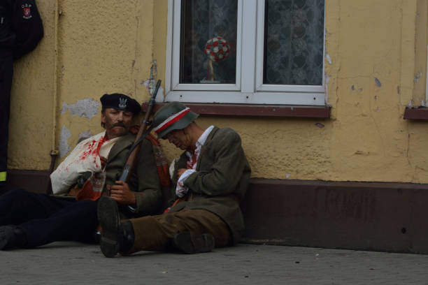 Sianow, Poland - aug 01.2019 :  Reconstruction of Warsaw uprisig 1944. August 01, 2019 in Sianów,Poland. wounded insurgents