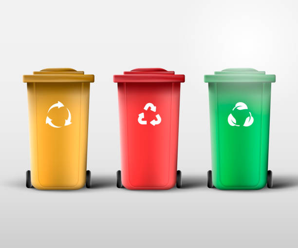 istock Waste management. Recycle bins for trash and garbage. Trash containers with recycle, biodegradable and sustainable icons. 1205783851