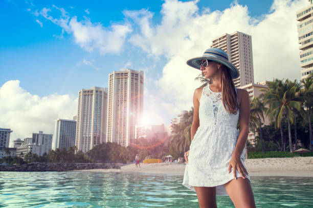 istock Woman happy on exotic holidays 1205784816