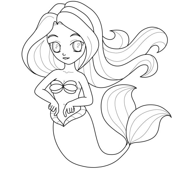 Coloring page line art of cute little mermaid underwater world. Black and white. Vector illustration for coloring book. For design prints, posters. Cartoon magic young girl undersea Coloring page line art of cute little mermaid underwater world. Black and white. Vector illustration for coloring book. For design prints, posters. Cartoon magic young girl undersea mermaid dress stock illustrations