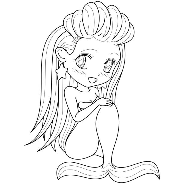 Beautiful princess mermaid line art for coloring. Kawaii anime chibi style. fantastic creature isolated on white background for coloring book. Beautiful princess mermaid line art for coloring. Kawaii anime chibi style. fantastic creature isolated on white background for coloring book. mermaid dress stock illustrations