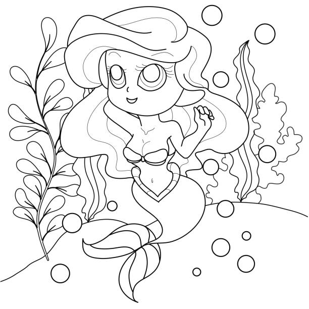 Mermaid vector picture illustration. Coloring page line art of an adorable young fairy tale mythical characters. Mermaid vector picture illustration. Coloring page line art of an adorable young fairy tale mythical characters. mermaid dress stock illustrations