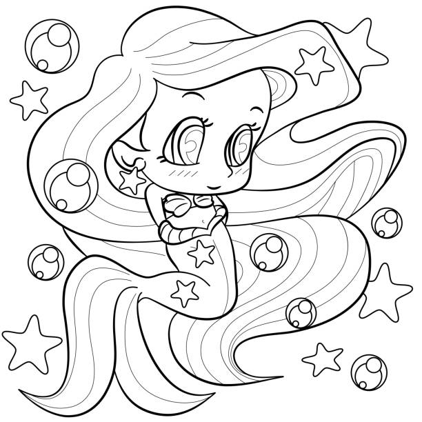 Cute cartoon little mermaid coloring page under water in the sea. Outline of cartoon girl, mermaid vector illustration, coloring book for kids. Cute cartoon little mermaid coloring page under water in the sea. Outline of cartoon girl, mermaid vector illustration, coloring book for kids. mermaid dress stock illustrations