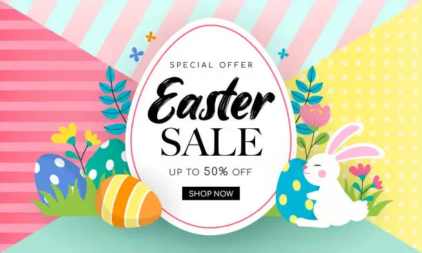 Vector illustration of Easter Sale Banner Background Vector illustration. Rabbit and easter eggs in colorful spring flowers meadow