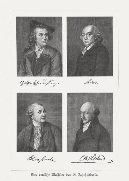 Four German classic writers, 18th century, wood engravings, published 1897 Four German classic writers of the 18th century: Lessing, Herder, Klopstock and Wieland. Wood engravings, published in 1897. gotthold ephraim lessing stock illustrations