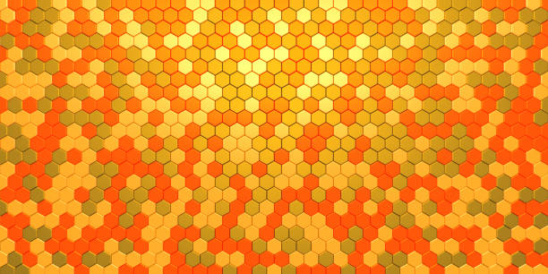 Colorful digital technological background with steel hexagon cells. 3d abstract illustration of honeycomb structure.